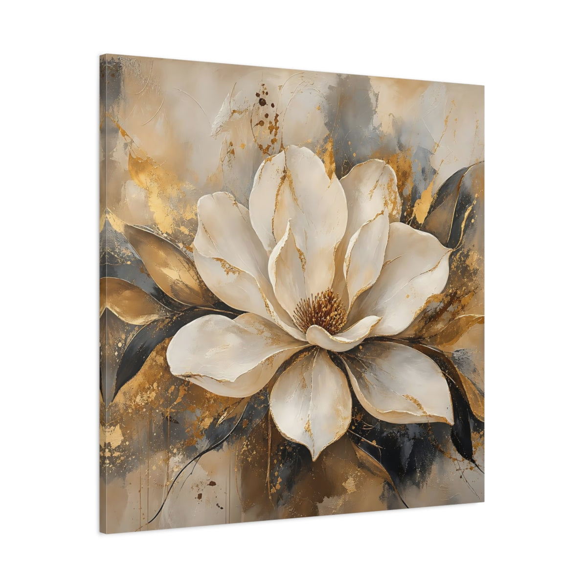 Side Mockup 1. Floral Magnolia Flower White Gold Floral shown as stretched canvas wall art