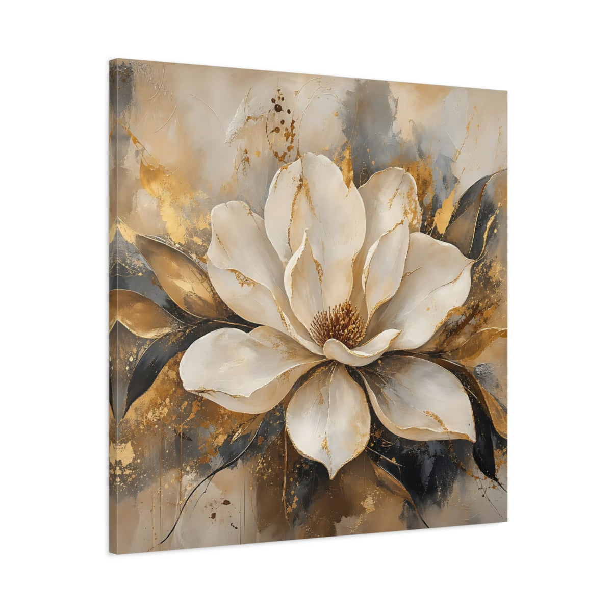Main Mockup. Floral Magnolia Flower White Gold Floral shown as stretched canvas wall art