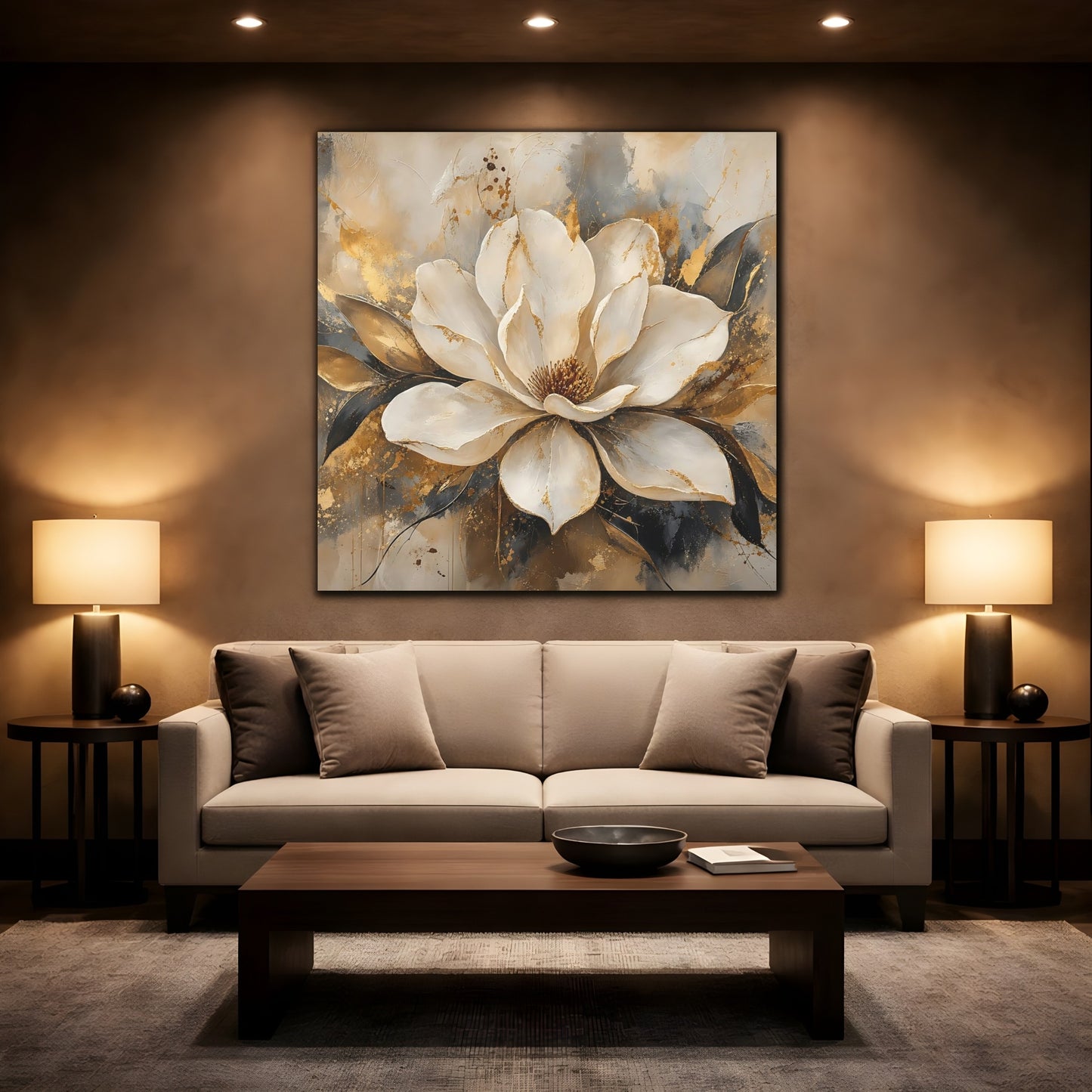 Mockup 2. Floral Magnolia Flower White Gold Floral shown as stretched canvas wall art