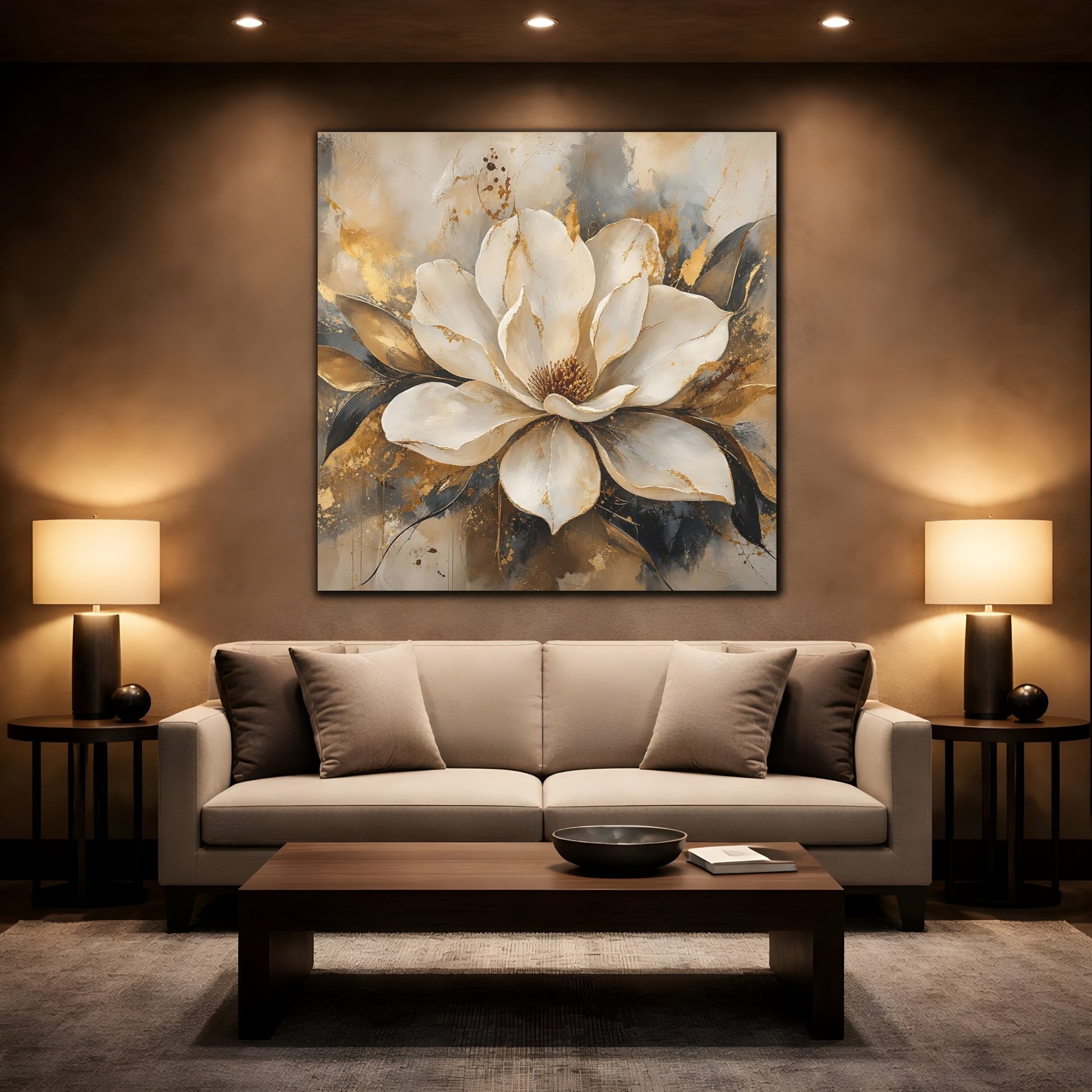 Mockup 2. Floral Magnolia Flower White Gold Floral shown as stretched canvas wall art