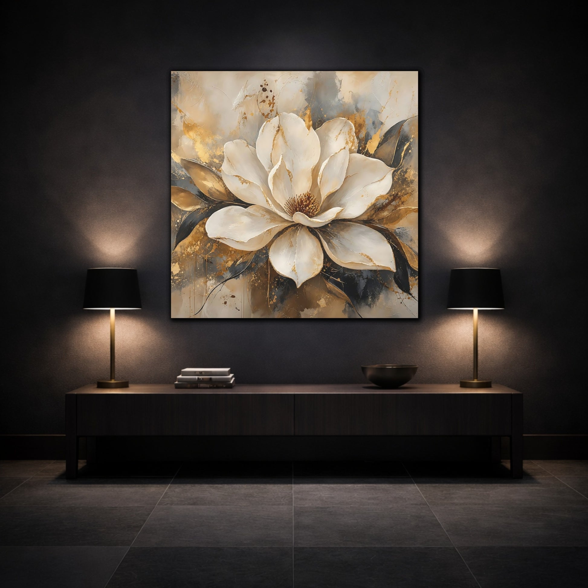 Mockup 3. Floral Magnolia Flower White Gold Floral shown as stretched canvas wall art