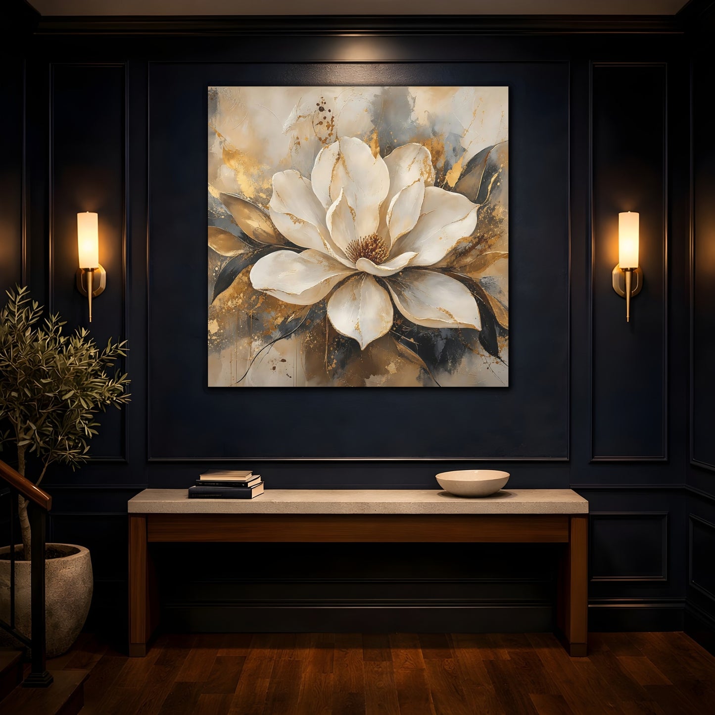 Mockup 4. Floral Magnolia Flower White Gold Floral shown as stretched canvas wall art