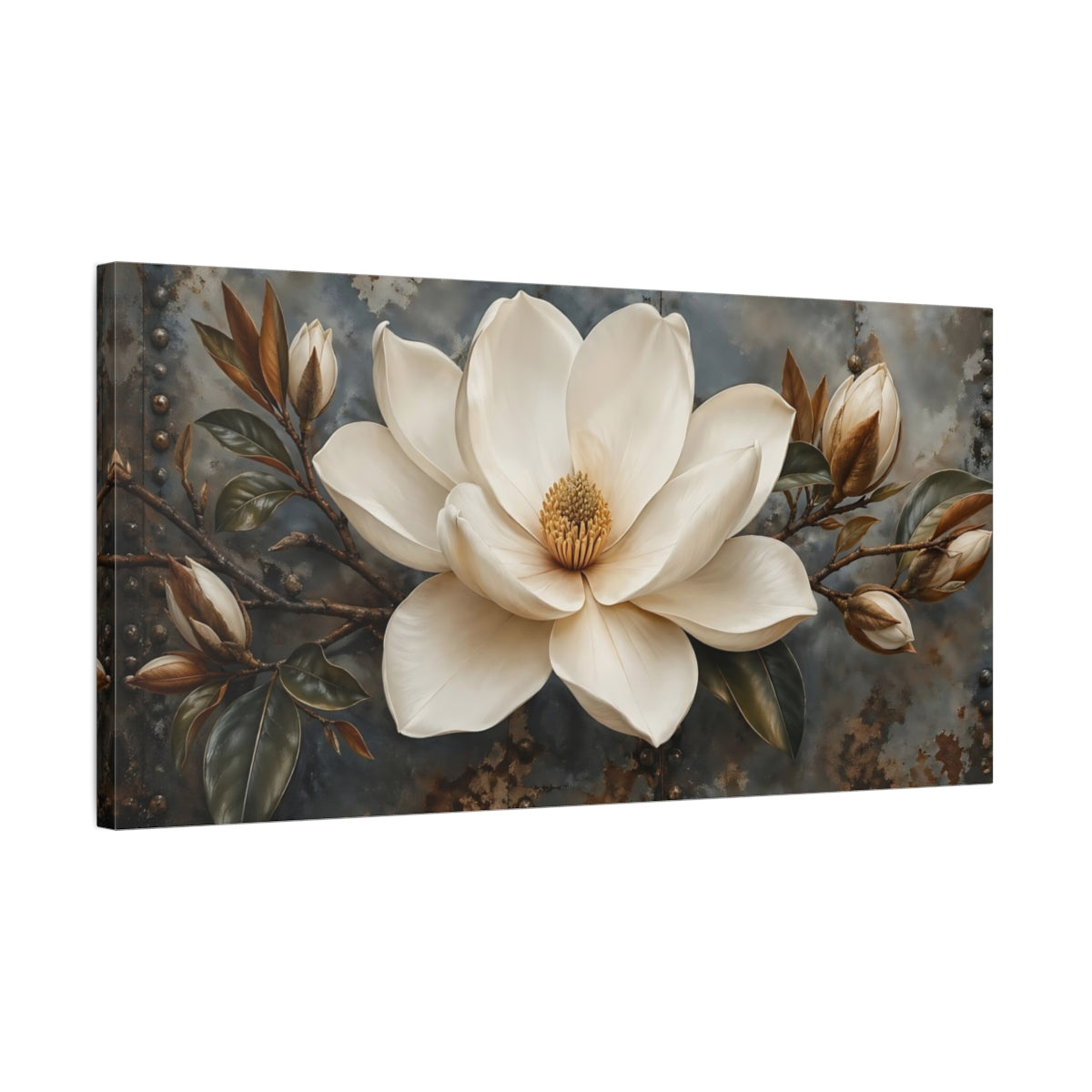 Side Mockup 1. Floral Magnolia Flower White Rustic Floral shown as stretched canvas wall art