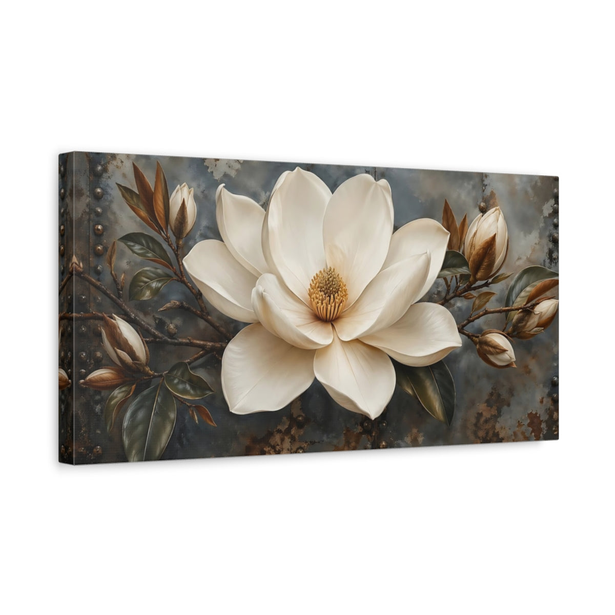 Side Mockup 3. Floral Magnolia Flower White Rustic Floral shown as stretched canvas wall art