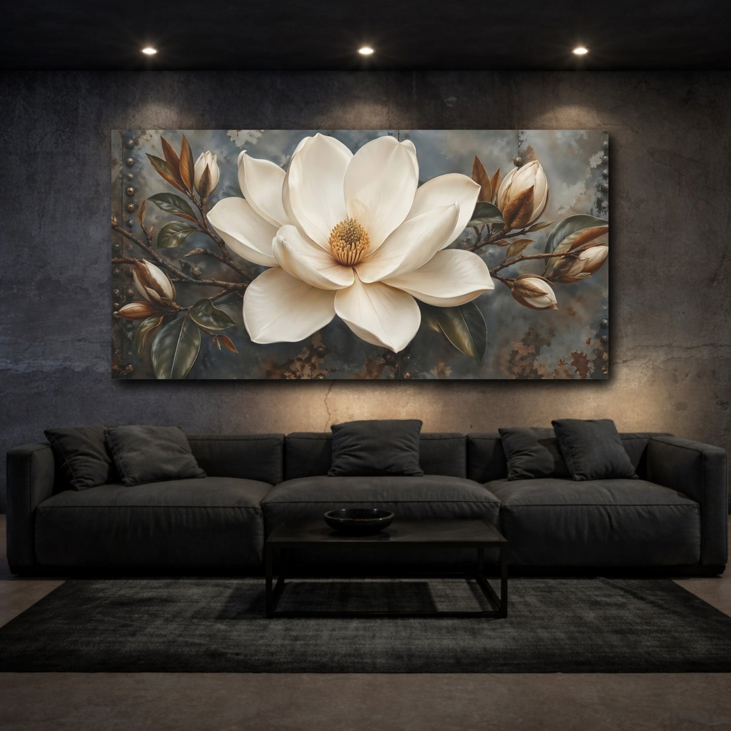 Mockup 2. Floral Magnolia Flower White Rustic Floral shown as stretched canvas wall art