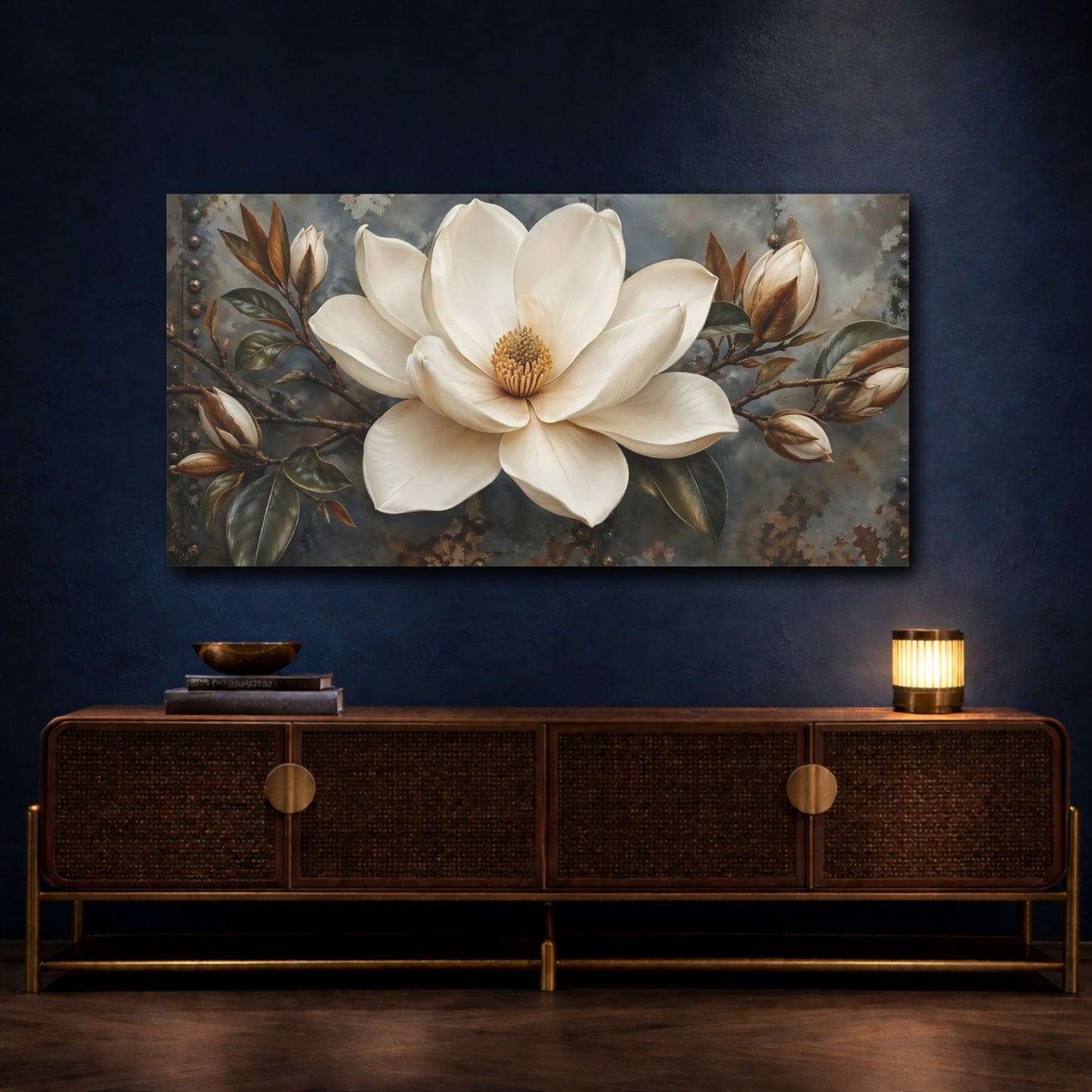 Mockup 3. Floral Magnolia Flower White Rustic Floral shown as stretched canvas wall art