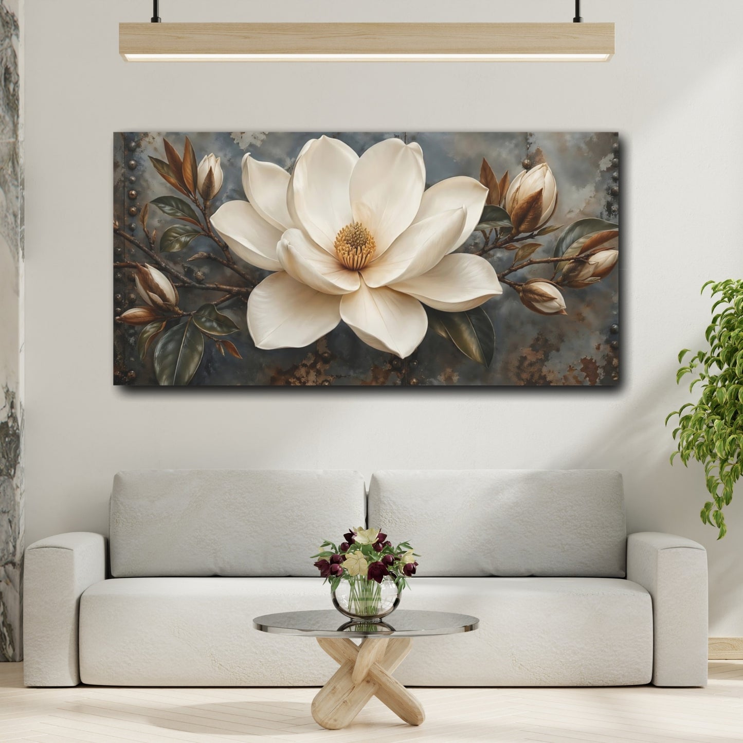 Mockup 4. Floral Magnolia Flower White Rustic Floral shown as stretched canvas wall art