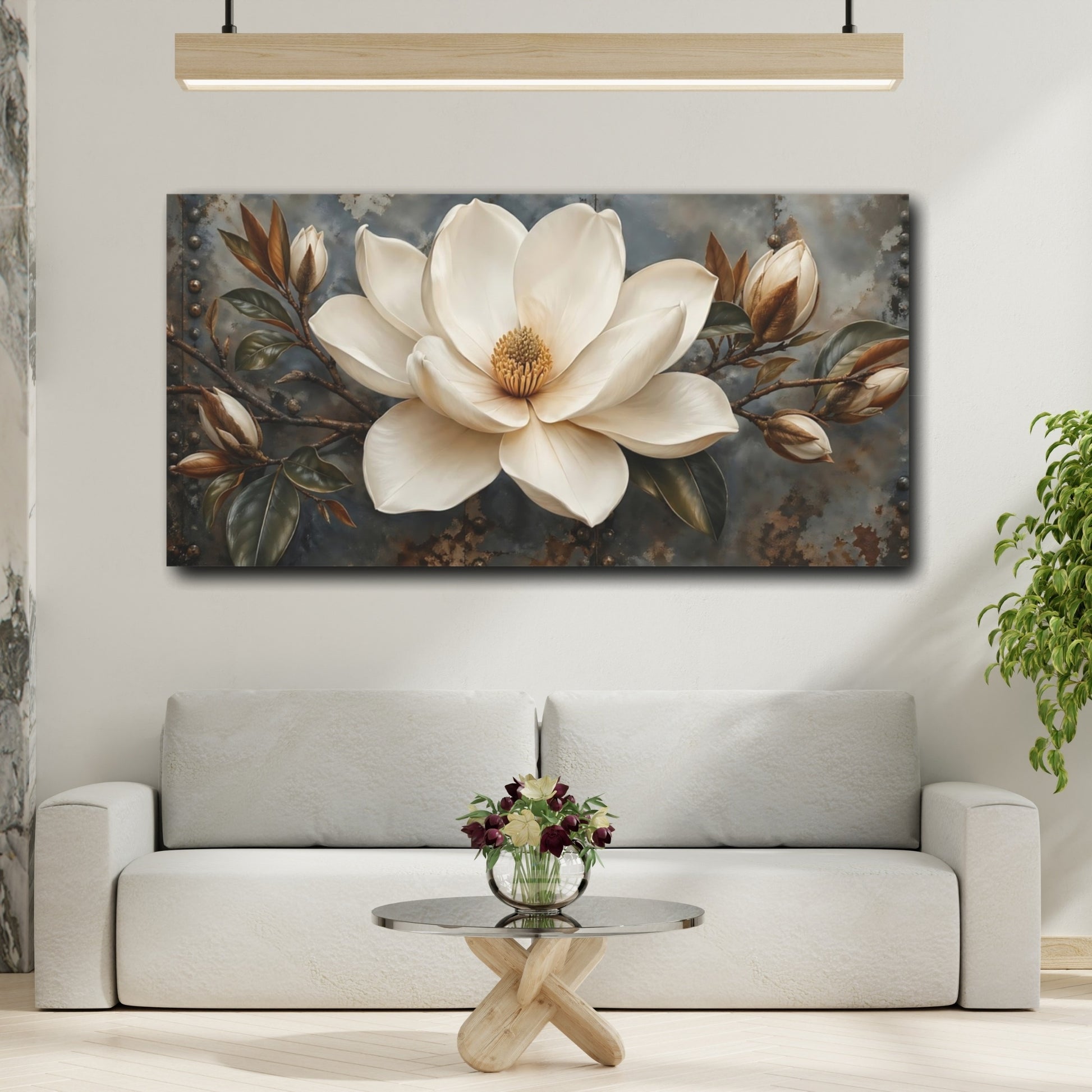 Mockup 4. Floral Magnolia Flower White Rustic Floral shown as stretched canvas wall art