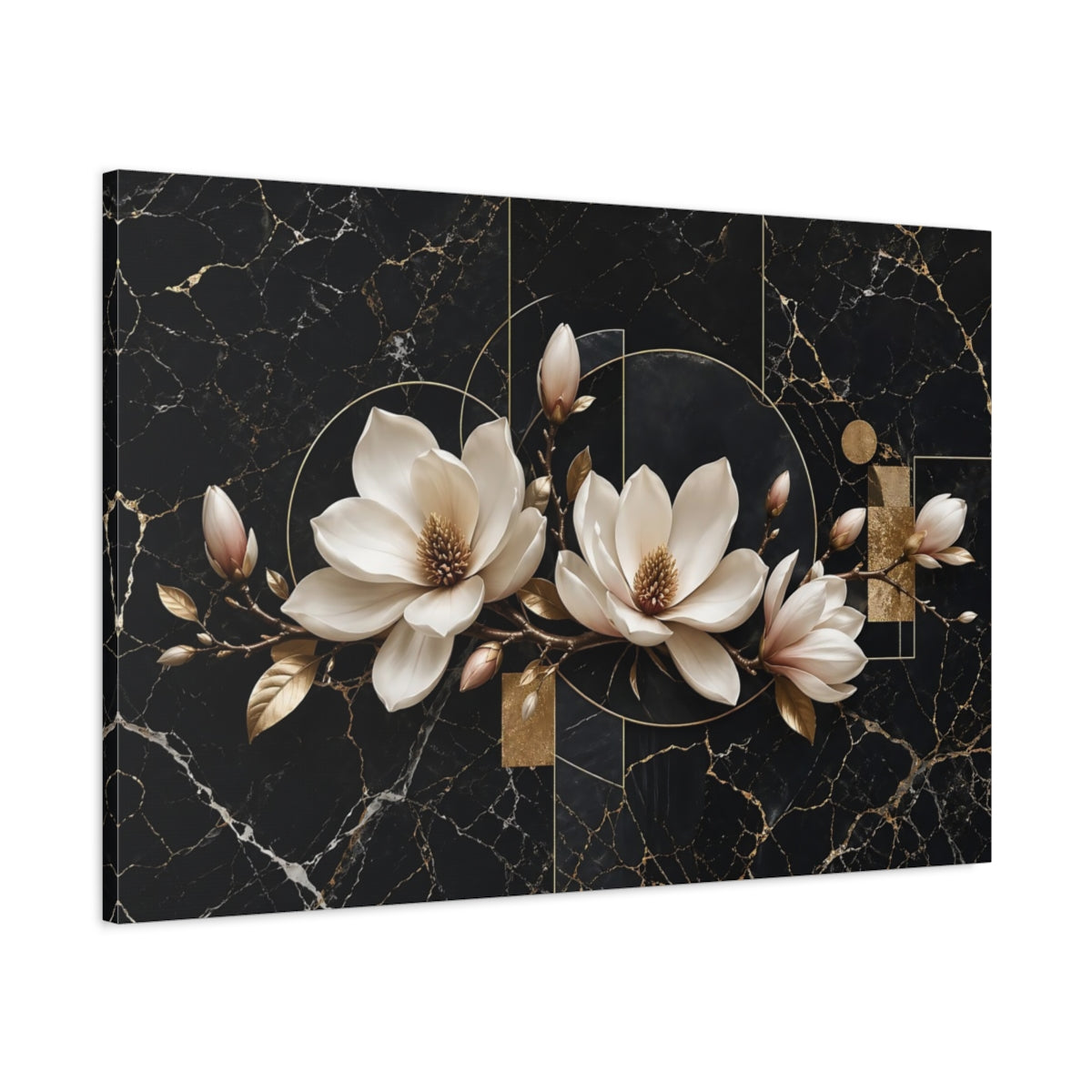 Main Mockup. Floral Magnolia Flowers Black And Gold shown as stretched canvas wall art