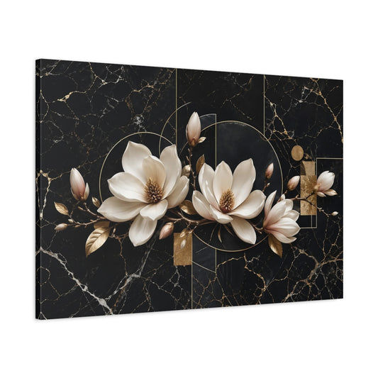 Main Mockup. Floral Magnolia Flowers Black And Gold shown as stretched canvas wall art