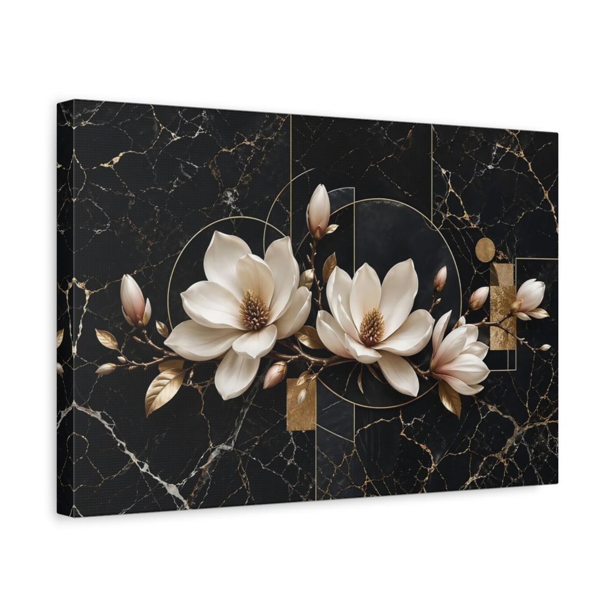 Side Mockup 4. Floral Magnolia Flowers Black And Gold shown as stretched canvas wall art