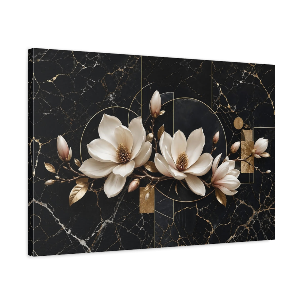 Side Mockup 2. Floral Magnolia Flowers Black And Gold shown as stretched canvas wall art