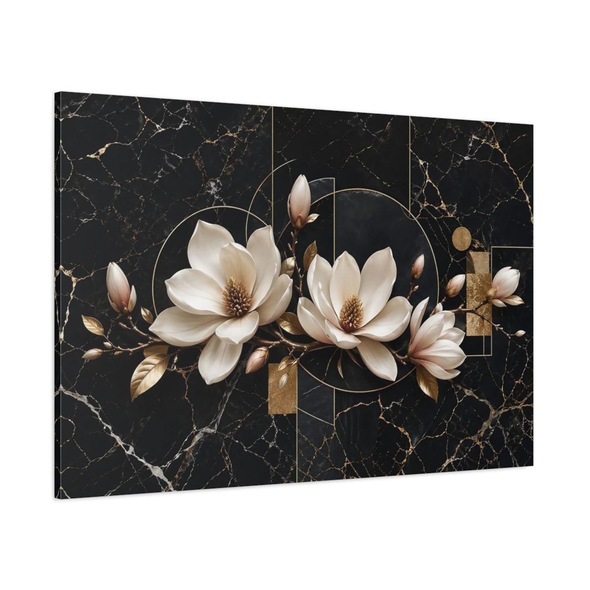 Side Mockup 1. Floral Magnolia Flowers Black And Gold shown as stretched canvas wall art