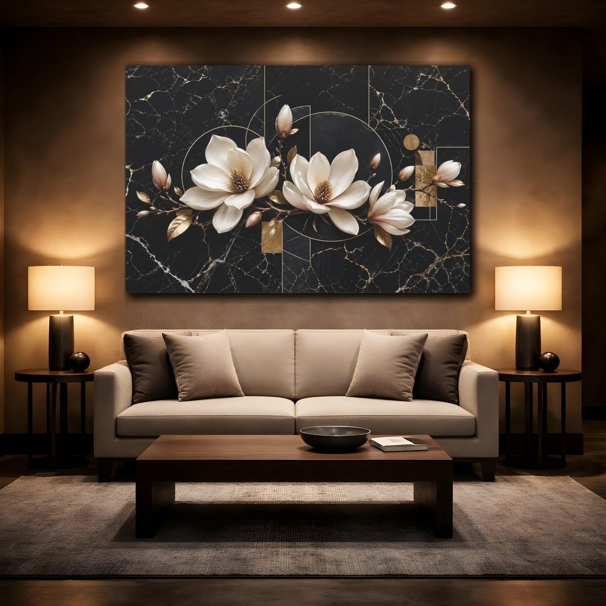 Mockup 2. Floral Magnolia Flowers Black And Gold shown as stretched canvas wall art