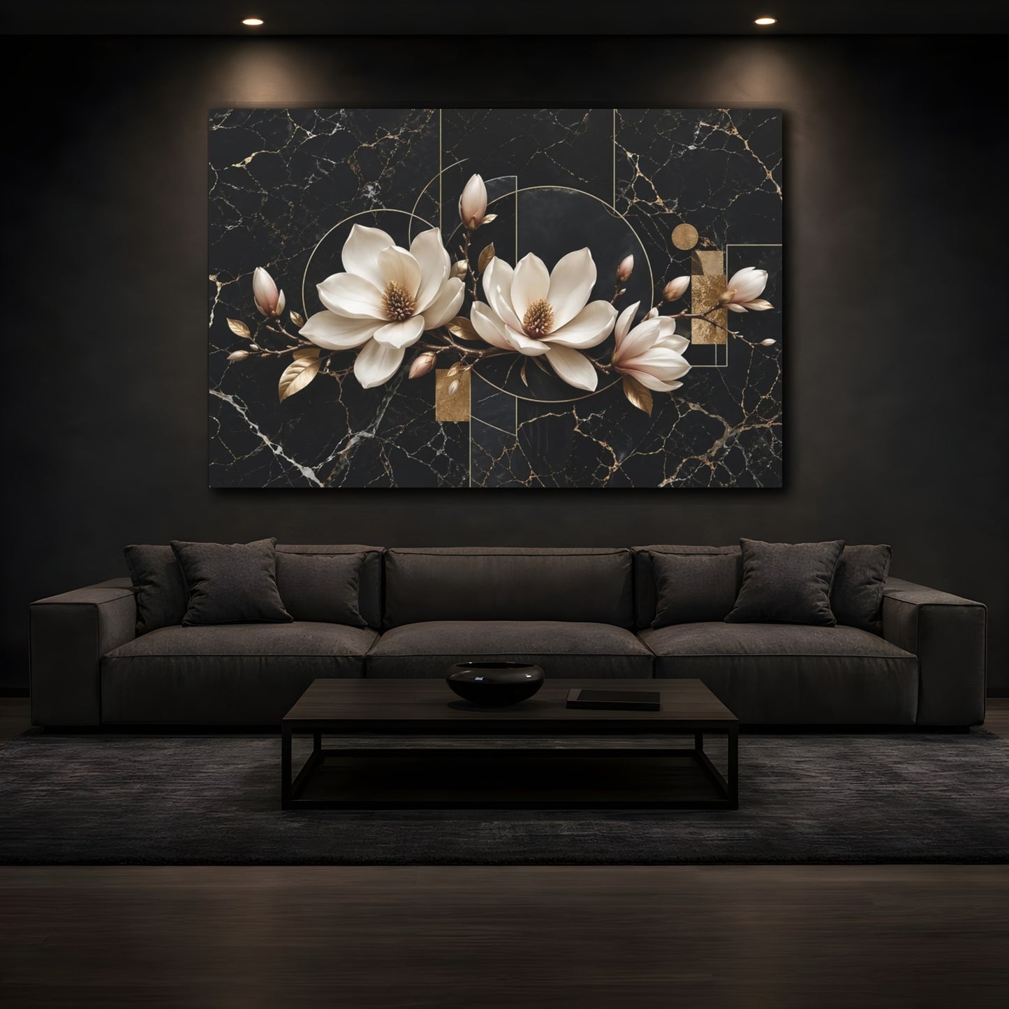 Mockup 3. Floral Magnolia Flowers Black And Gold shown as stretched canvas wall art