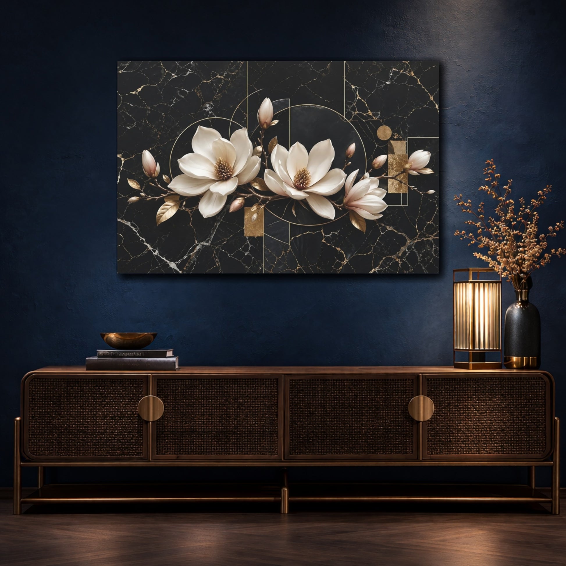 Mockup 4. Floral Magnolia Flowers Black And Gold shown as stretched canvas wall art