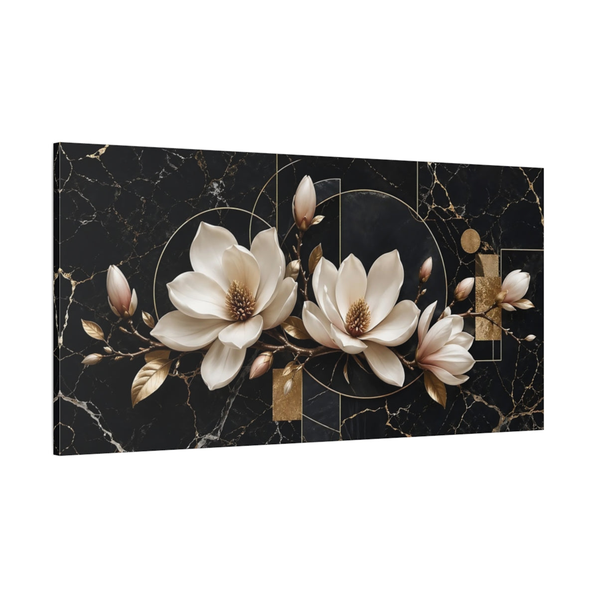 Side Mockup 2. Floral Magnolia Flowers Black Gold Floral shown as stretched canvas wall art