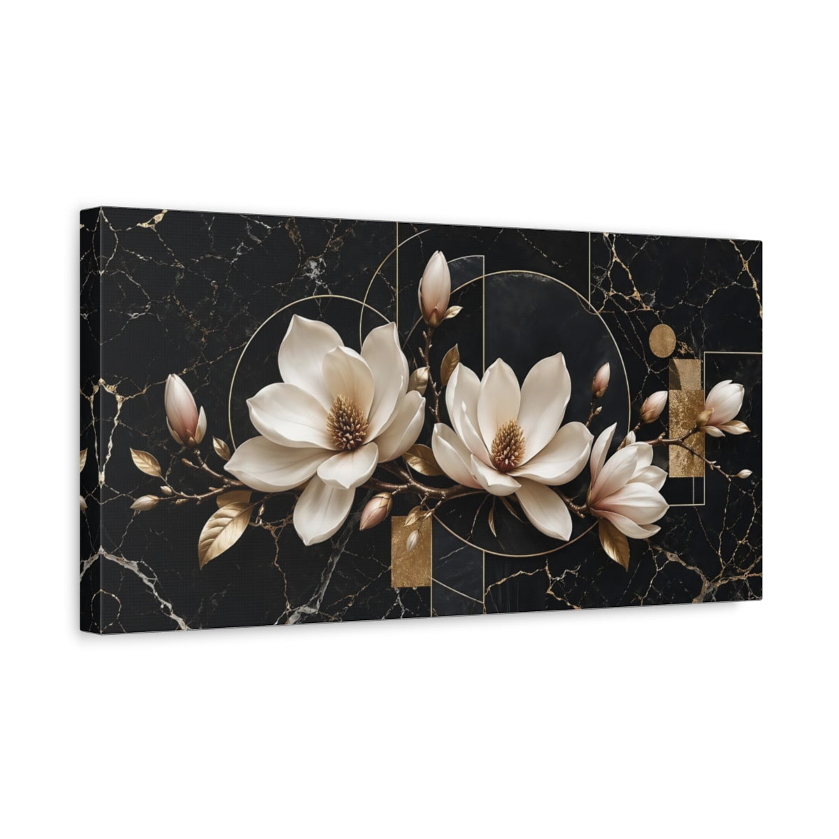Side Mockup 3. Floral Magnolia Flowers Black Gold Floral shown as stretched canvas wall art