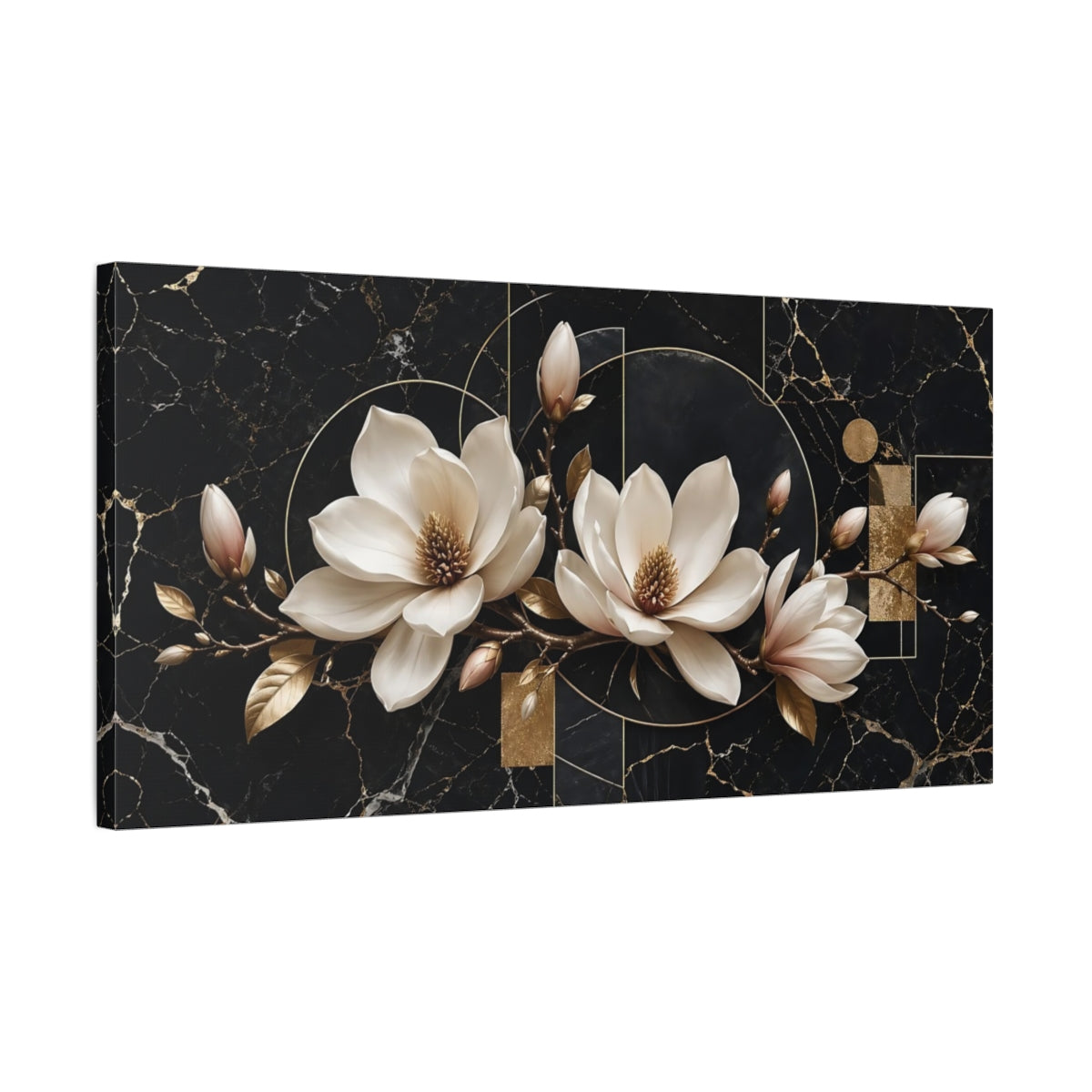 Side Mockup 1. Floral Magnolia Flowers Black Gold Floral shown as stretched canvas wall art