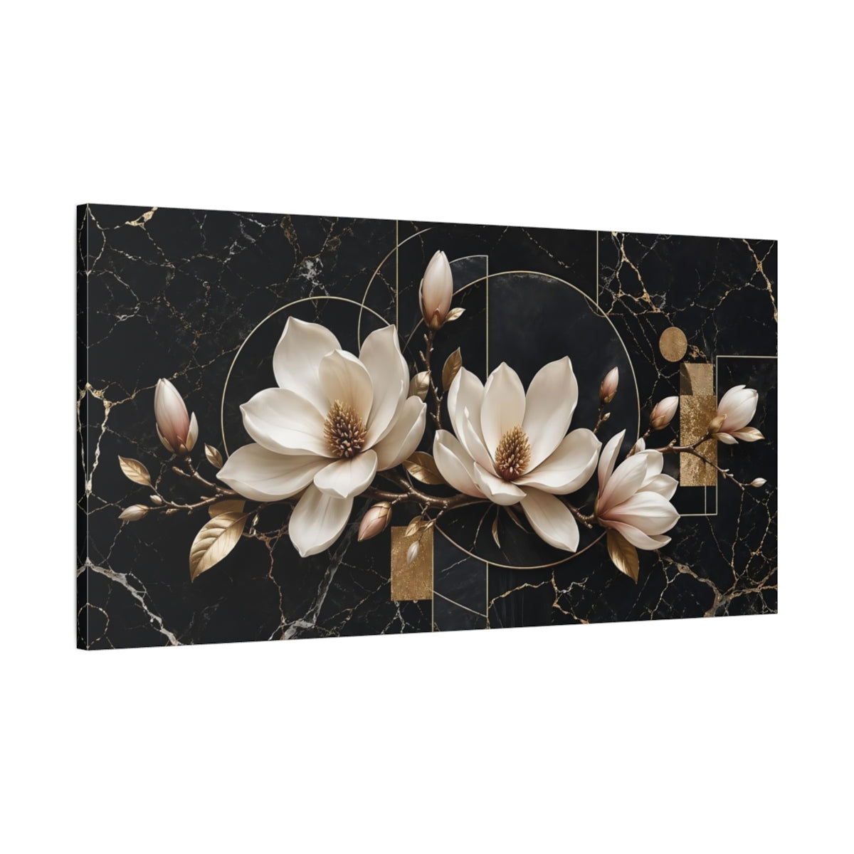 Main Mockup. Floral Magnolia Flowers Black Gold Floral shown as stretched canvas wall art