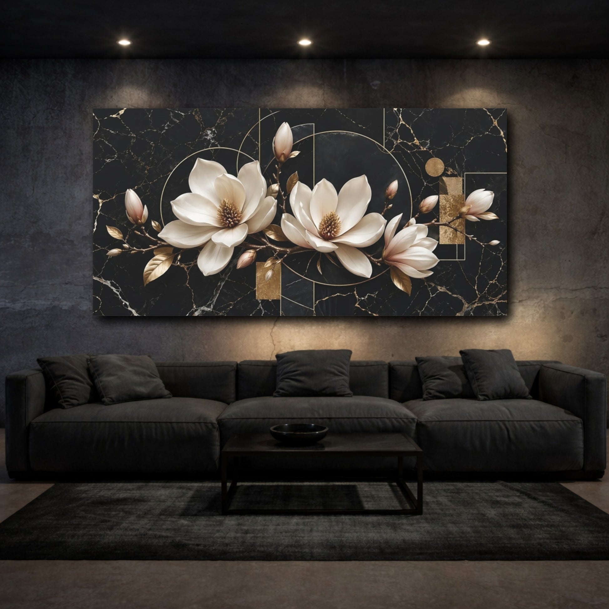 Mockup 2. Floral Magnolia Flowers Black Gold Floral shown as stretched canvas wall art