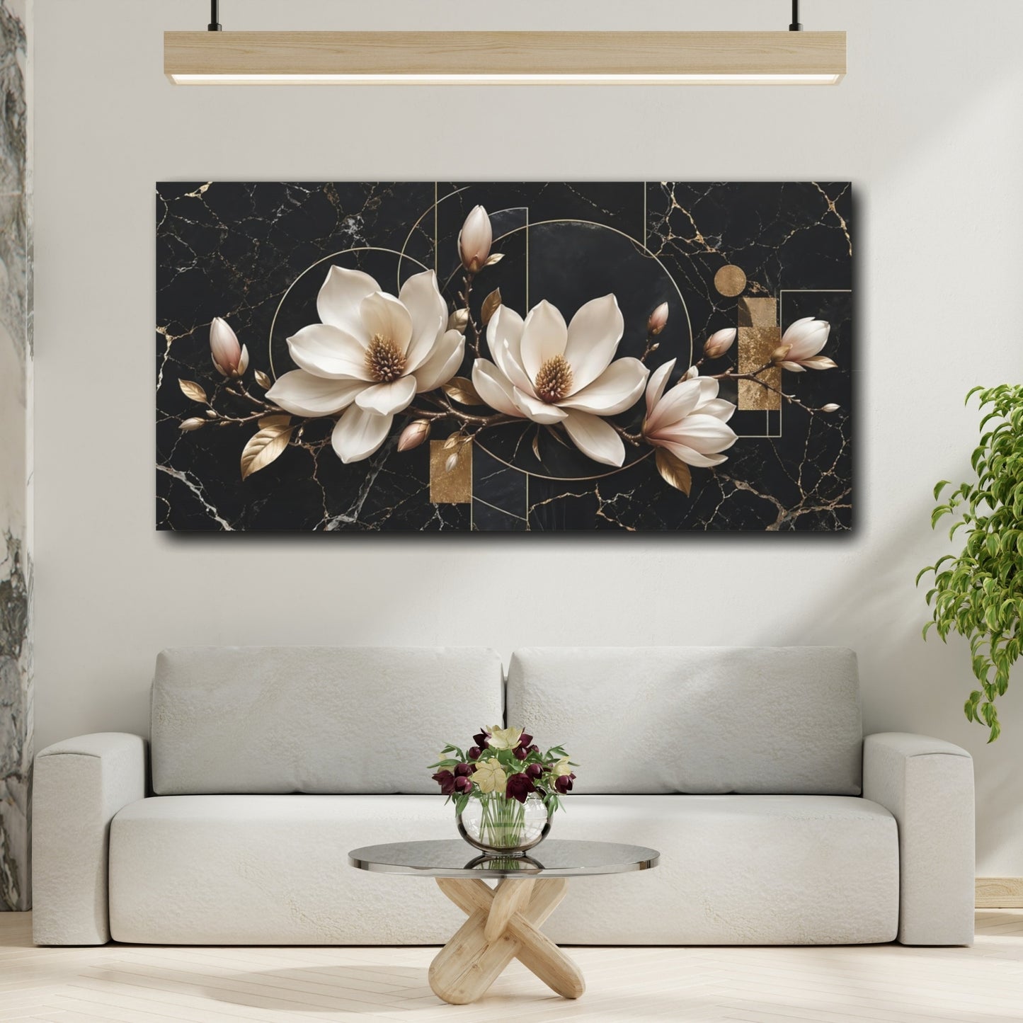 Mockup 3. Floral Magnolia Flowers Black Gold Floral shown as stretched canvas wall art