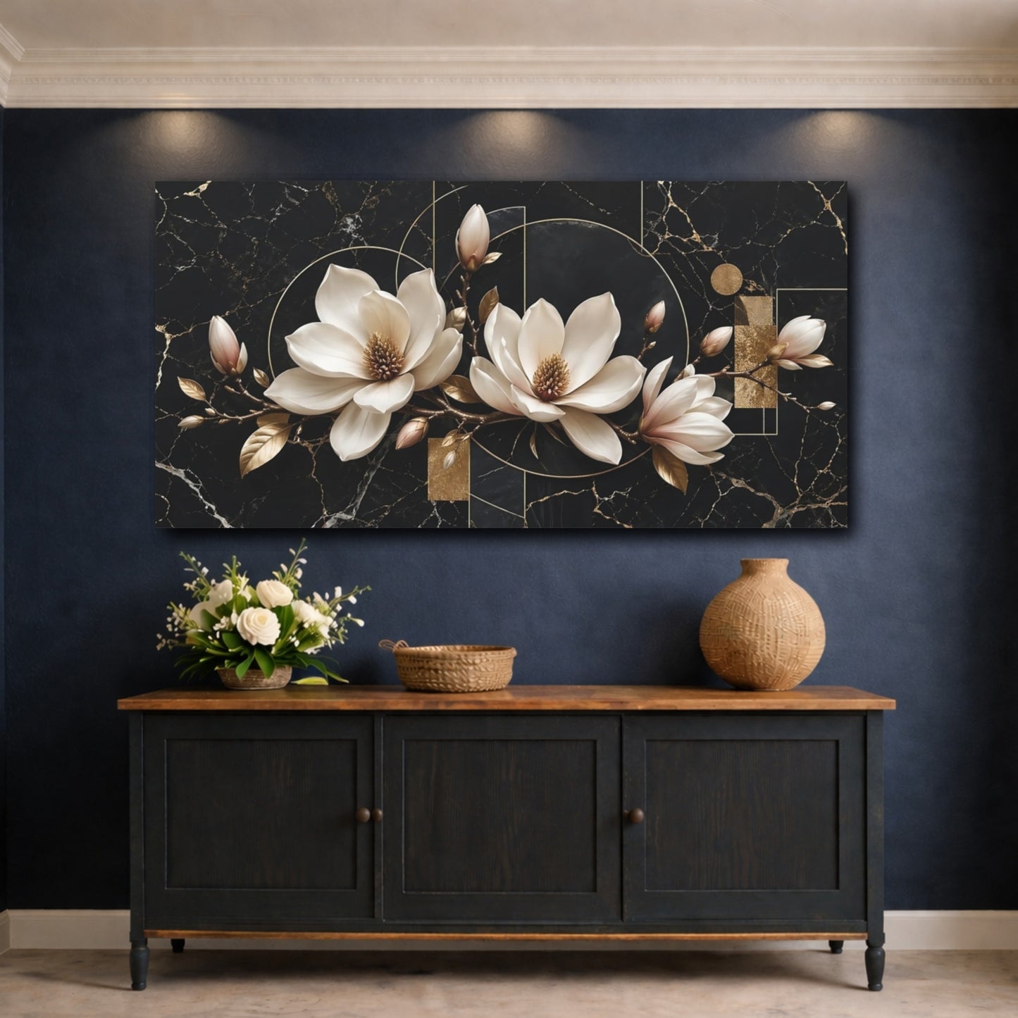 Mockup 4. Floral Magnolia Flowers Black Gold Floral shown as stretched canvas wall art