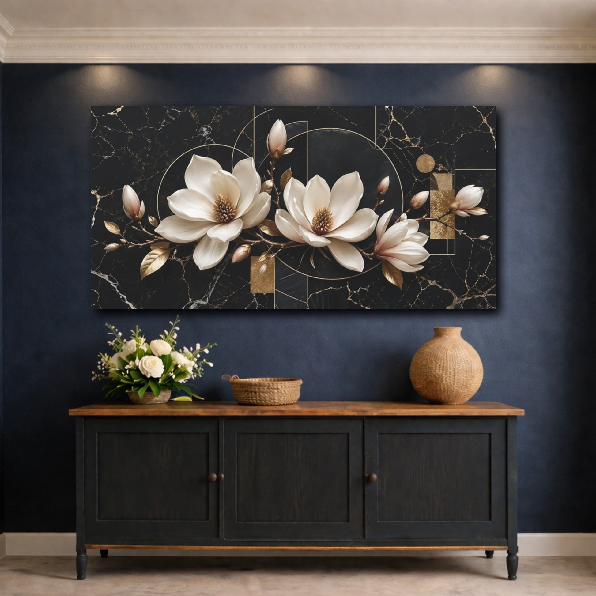 Mockup 4. Floral Magnolia Flowers Black Gold Floral shown as stretched canvas wall art