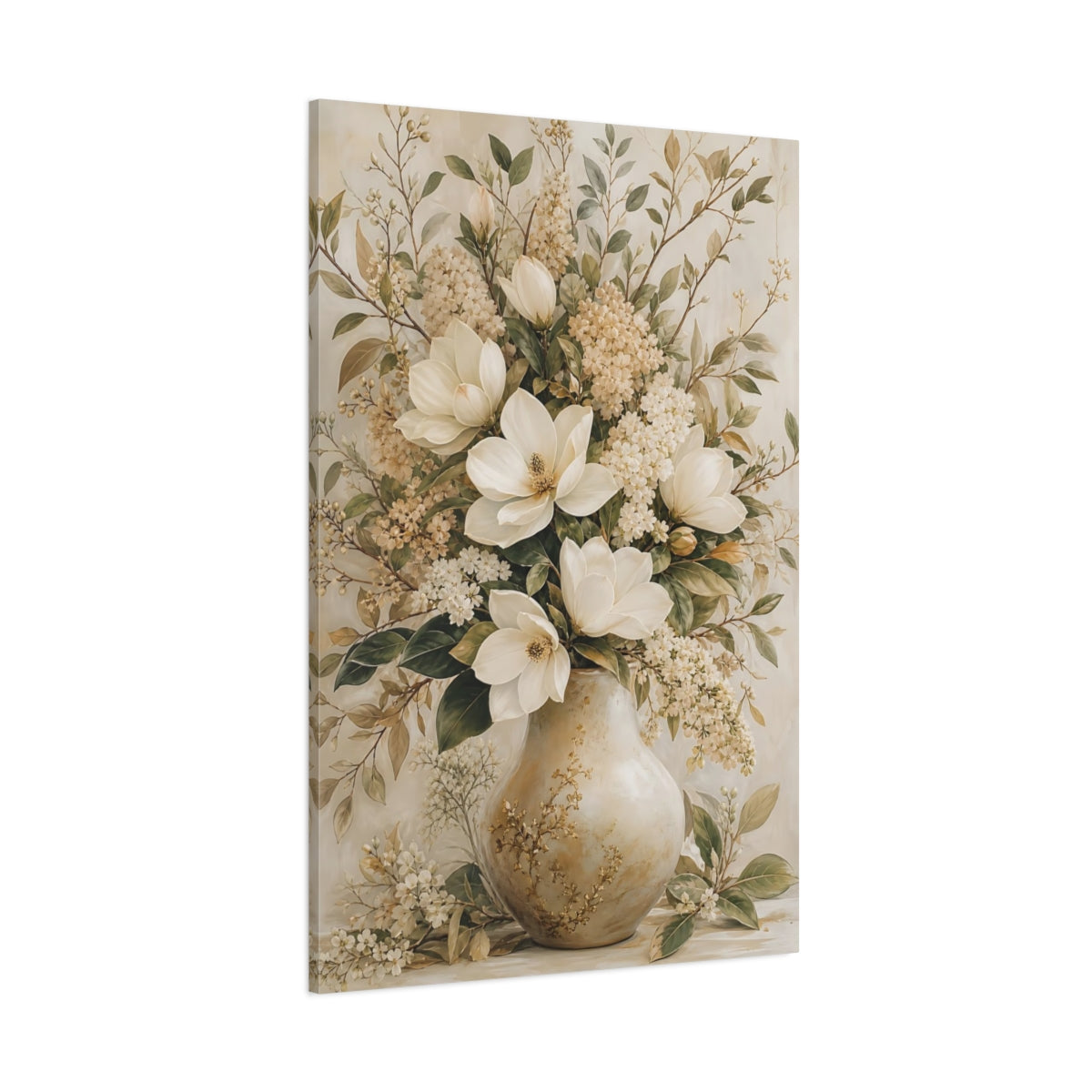 Side Mockup 1. Floral Magnolia Flowers Cream Floral Art shown as stretched canvas wall art