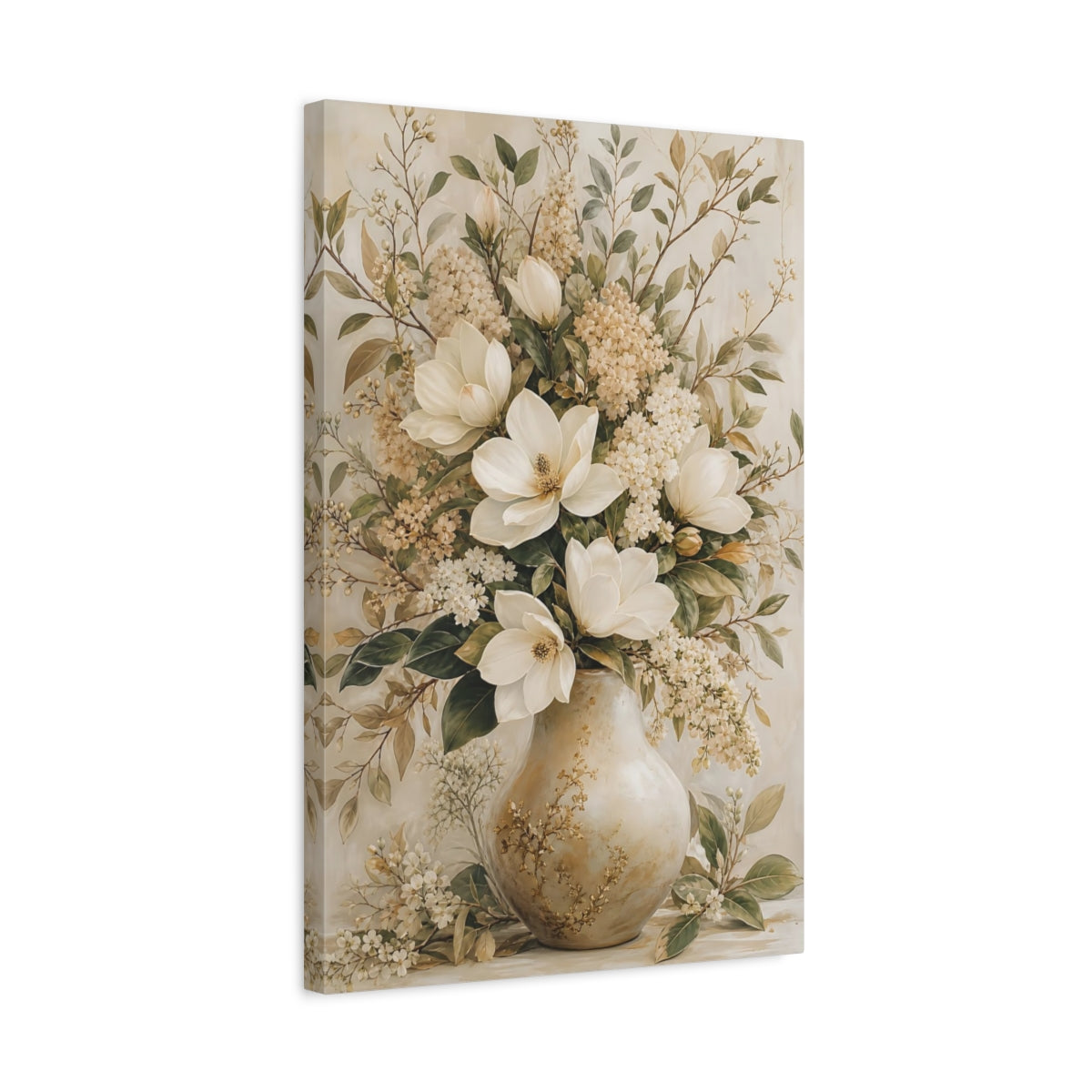 Side Mockup 3. Floral Magnolia Flowers Cream Floral Art shown as stretched canvas wall art