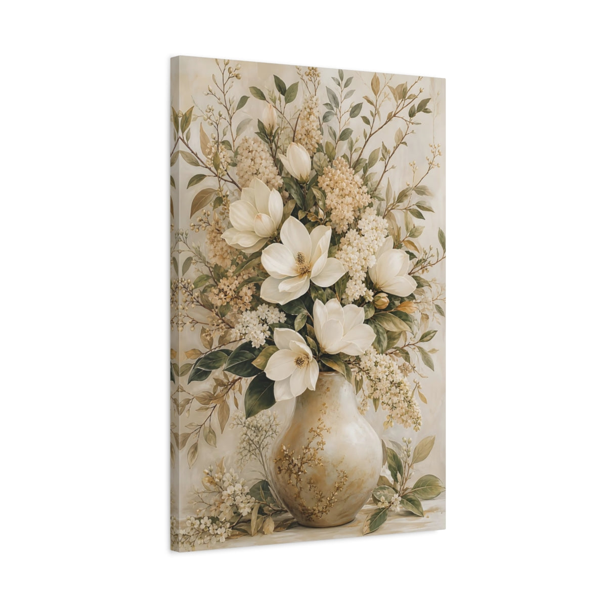 Side Mockup 2. Floral Magnolia Flowers Cream Floral Art shown as stretched canvas wall art