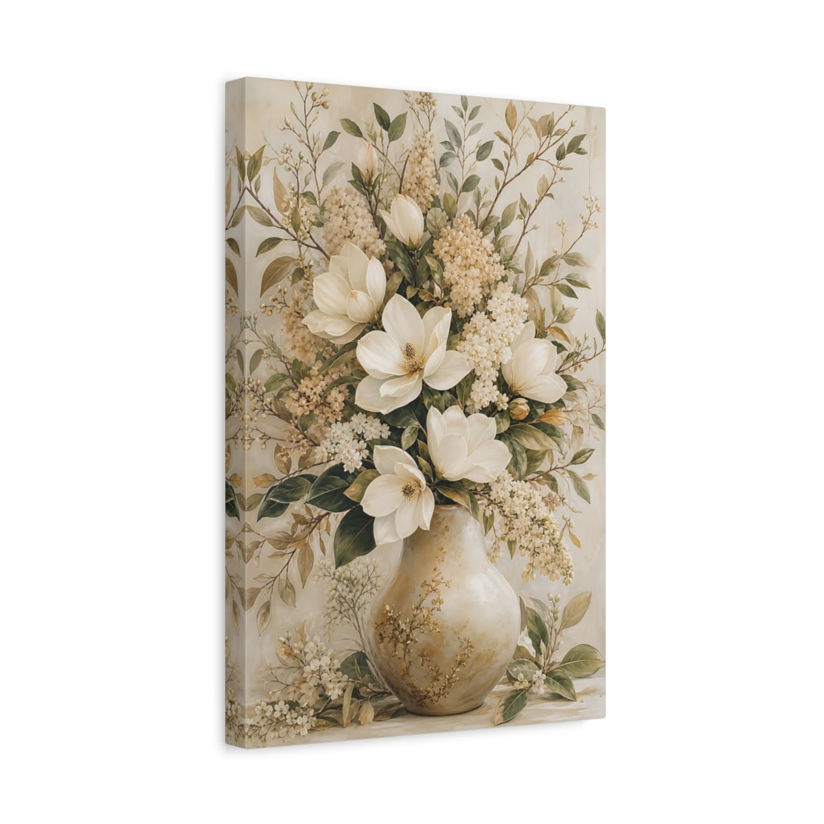 Side Mockup 4. Floral Magnolia Flowers Cream Floral Art shown as stretched canvas wall art