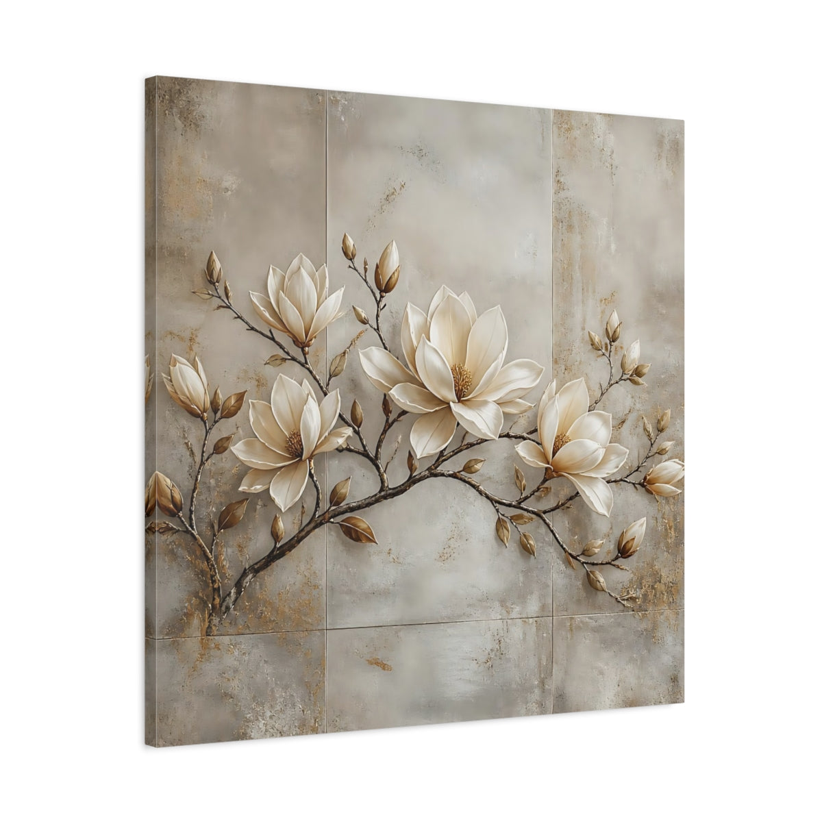 Side Mockup 3. Floral Magnolia Flowers Cream Magnolia shown as stretched canvas wall art