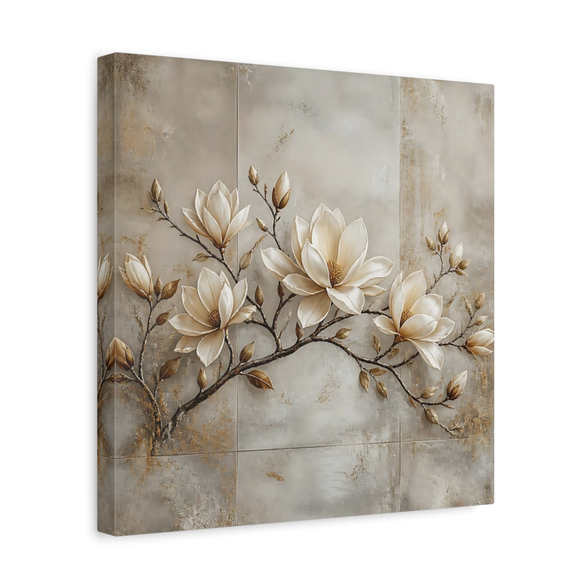 Side Mockup 7. Floral Magnolia Flowers Cream Magnolia shown as stretched canvas wall art