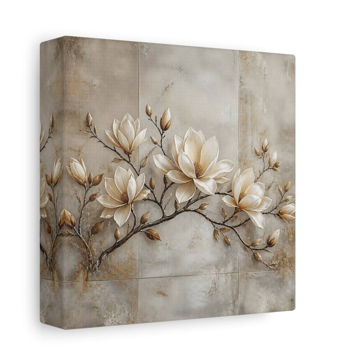 Side Mockup 2. Floral Magnolia Flowers Cream Magnolia shown as stretched canvas wall art