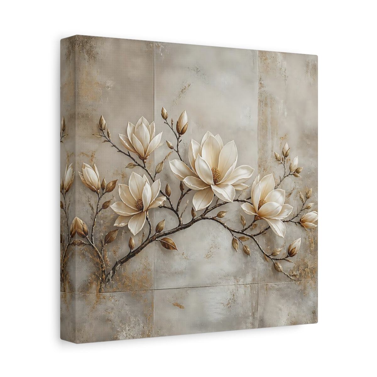 Side Mockup 9. Floral Magnolia Flowers Cream Magnolia shown as stretched canvas wall art