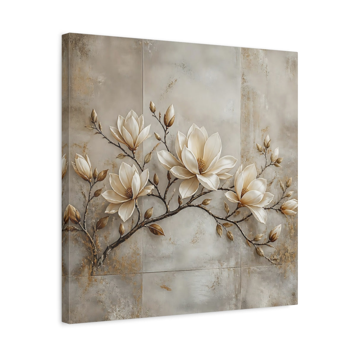 Side Mockup 5. Floral Magnolia Flowers Cream Magnolia shown as stretched canvas wall art