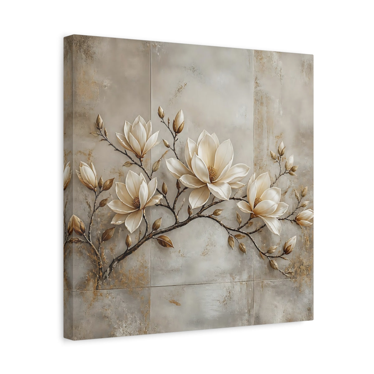 Side Mockup 6. Floral Magnolia Flowers Cream Magnolia shown as stretched canvas wall art