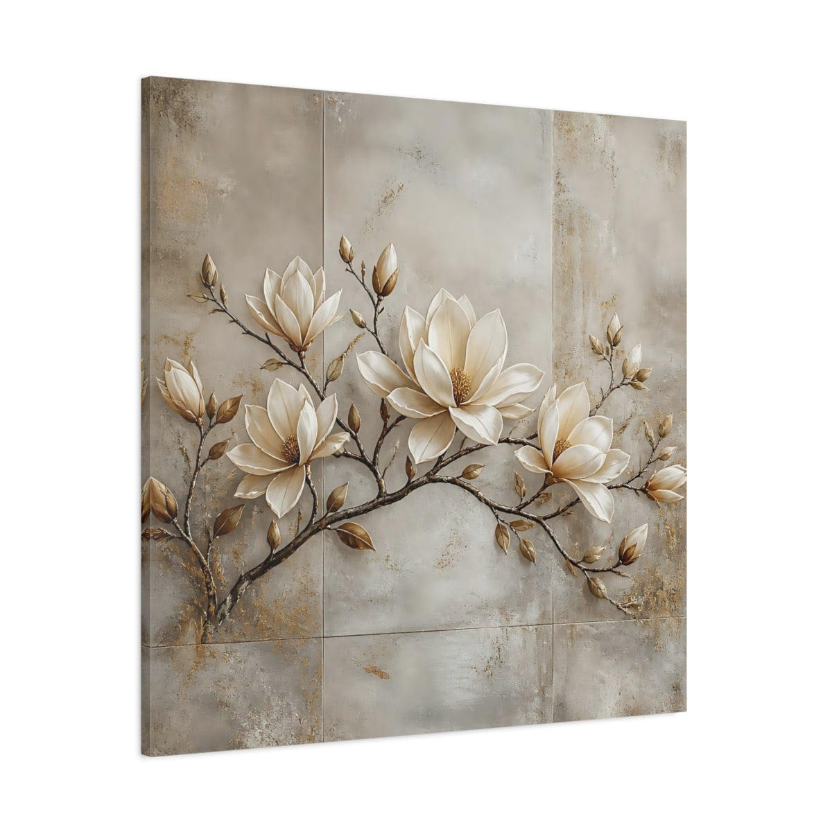 Side Mockup 1. Floral Magnolia Flowers Cream Magnolia shown as stretched canvas wall art