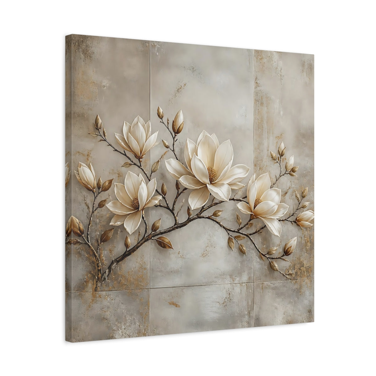Side Mockup 4. Floral Magnolia Flowers Cream Magnolia shown as stretched canvas wall art