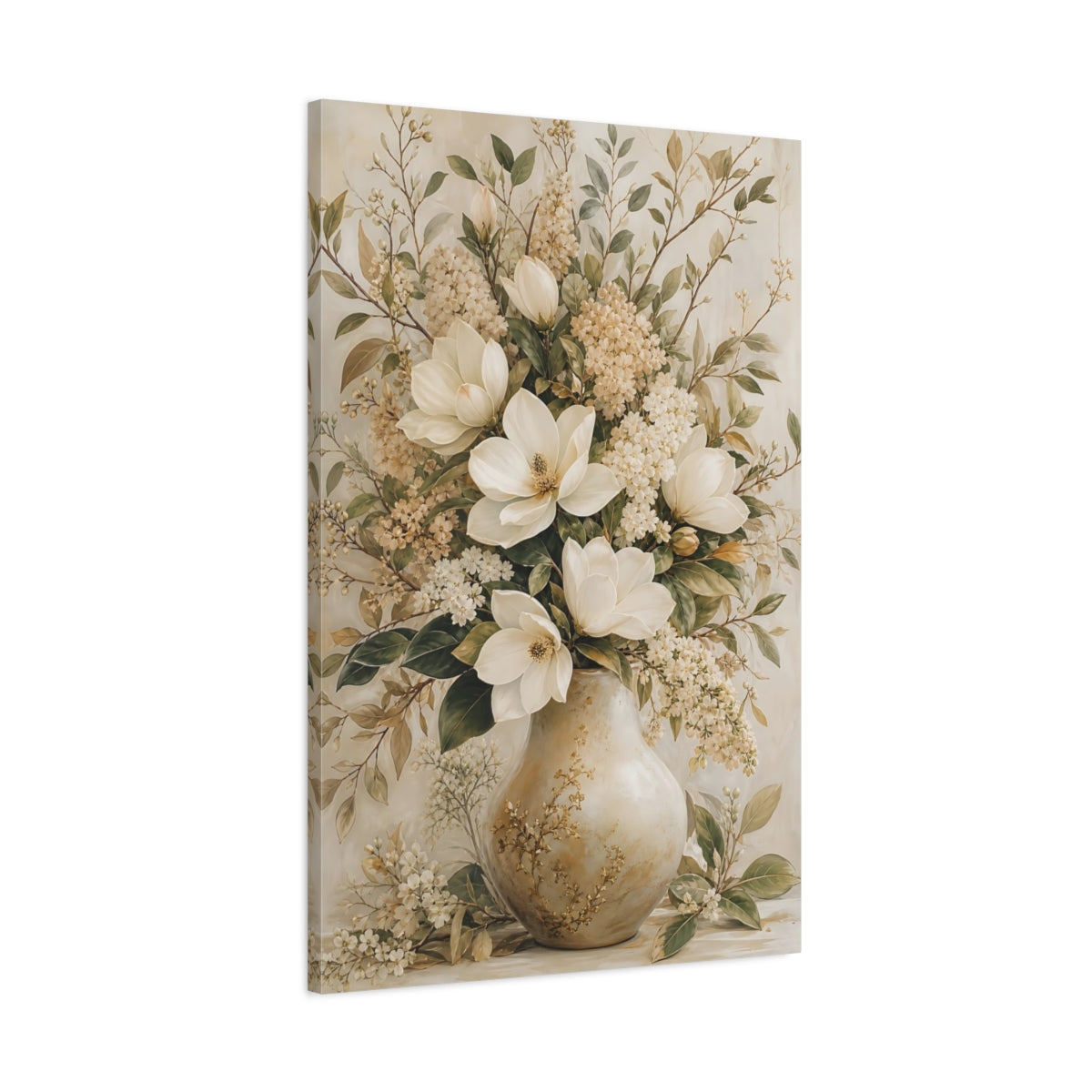 Main Mockup. Floral Magnolia Flowers Cream Floral Art shown as stretched canvas wall art