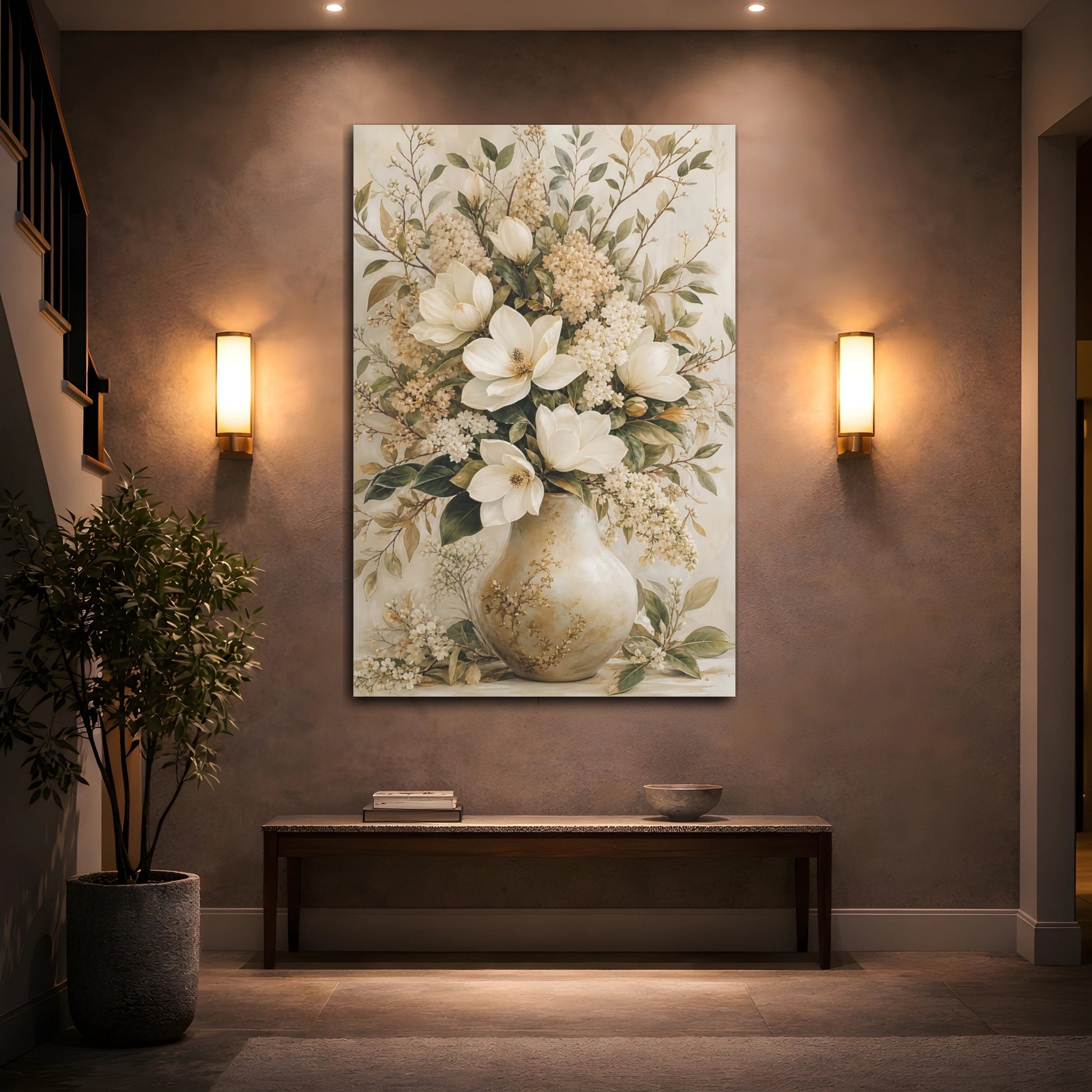 Mockup 2. Floral Magnolia Flowers Cream Floral Art shown as stretched canvas wall art