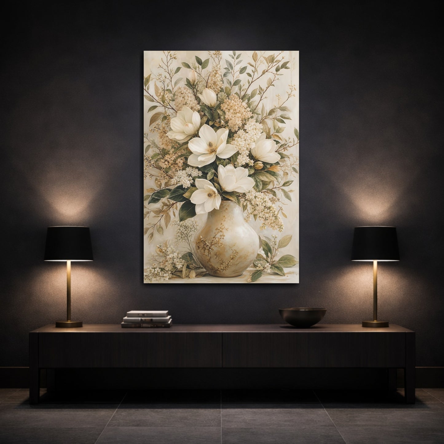 Mockup 3. Floral Magnolia Flowers Cream Floral Art shown as stretched canvas wall art