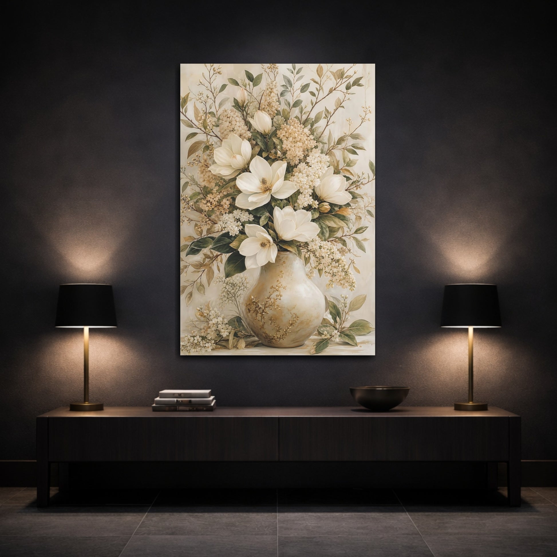Mockup 3. Floral Magnolia Flowers Cream Floral Art shown as stretched canvas wall art