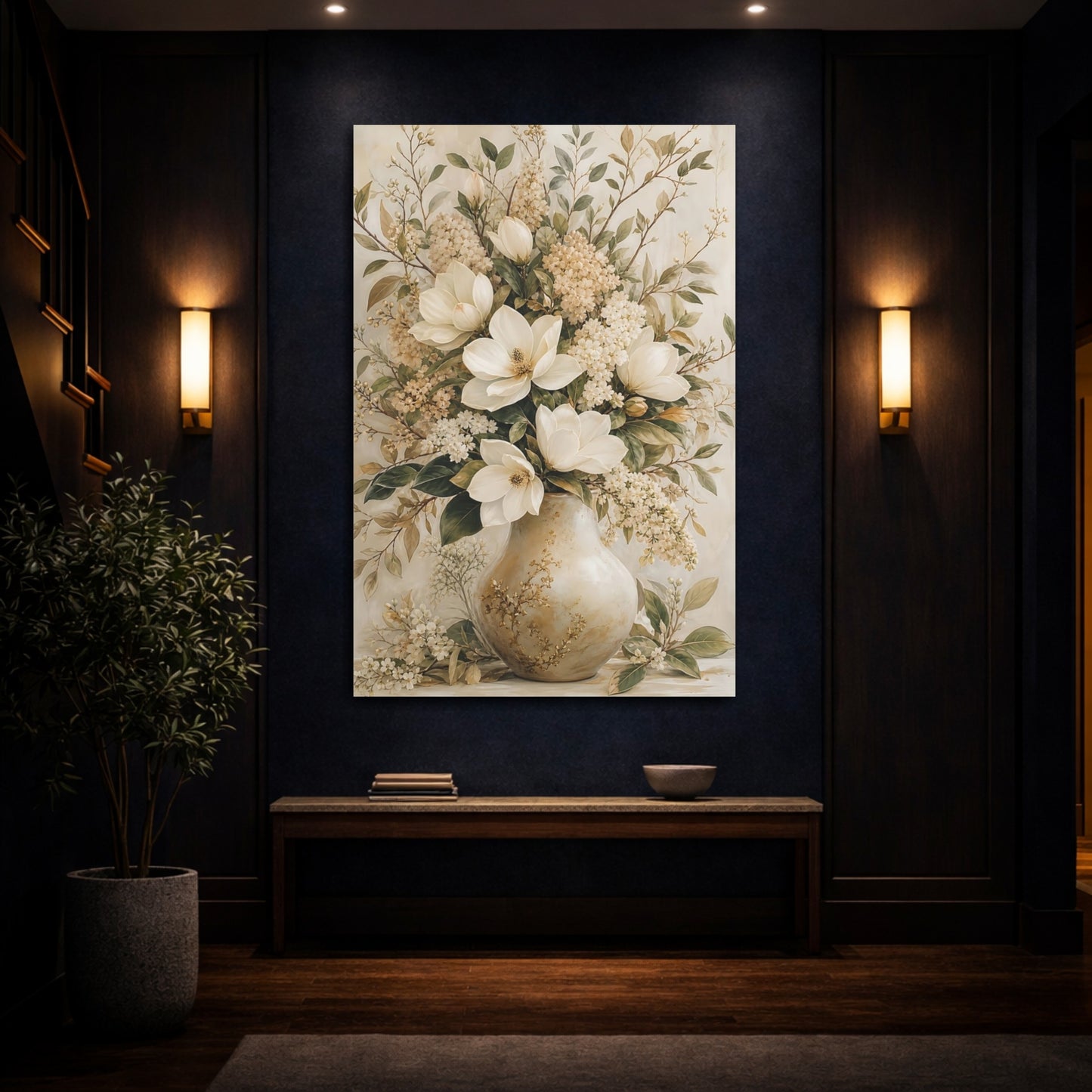 Mockup 4. Floral Magnolia Flowers Cream Floral Art shown as stretched canvas wall art