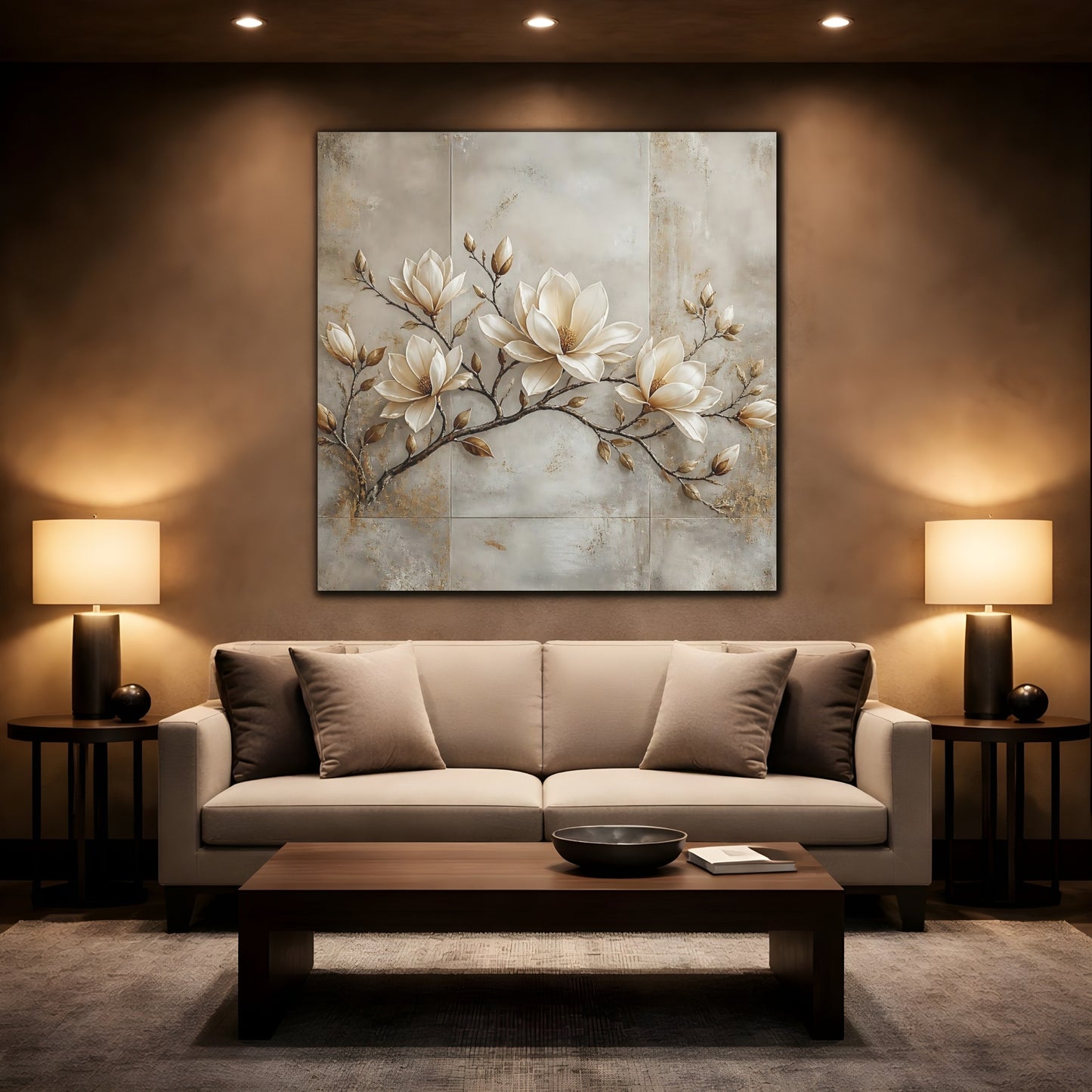 Mockup 2. Floral Magnolia Flowers Cream Magnolia shown as stretched canvas wall art