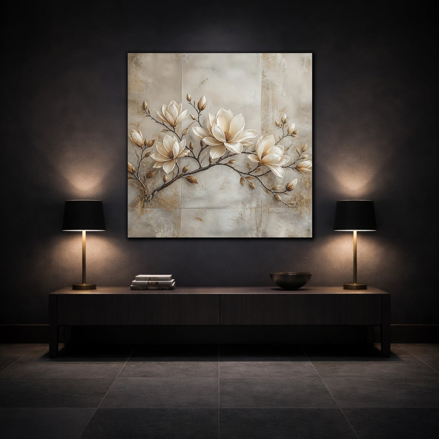 Mockup 3. Floral Magnolia Flowers Cream Magnolia shown as stretched canvas wall art