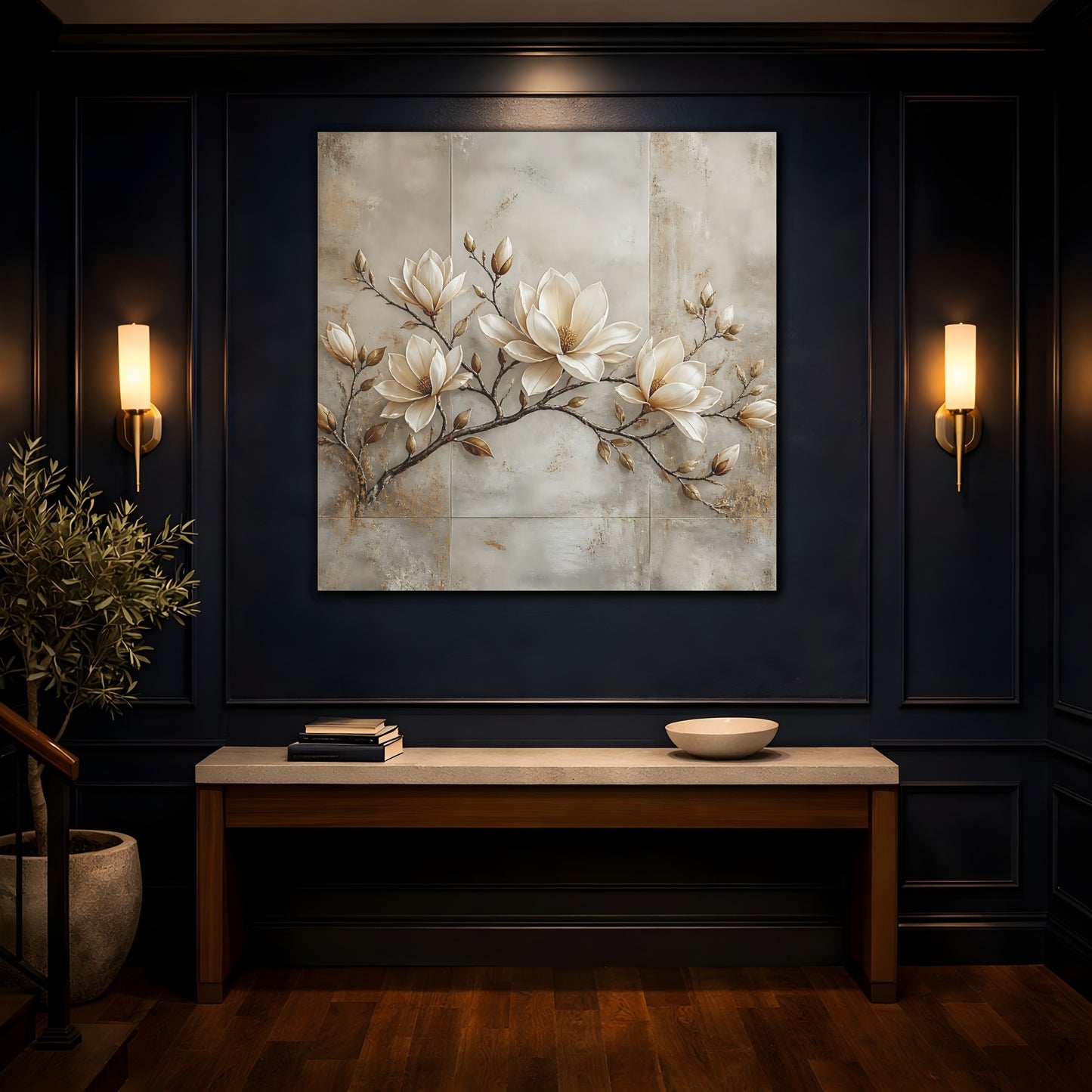 Mockup 4. Floral Magnolia Flowers Cream Magnolia shown as stretched canvas wall art