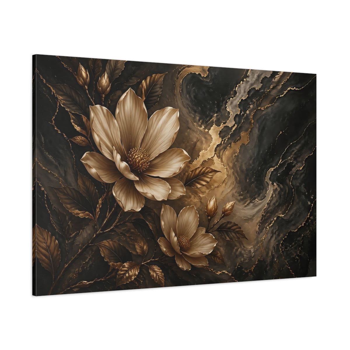 Side Mockup 1. Floral Magnolia Flowers Gold And Black Floral shown as stretched canvas wall art