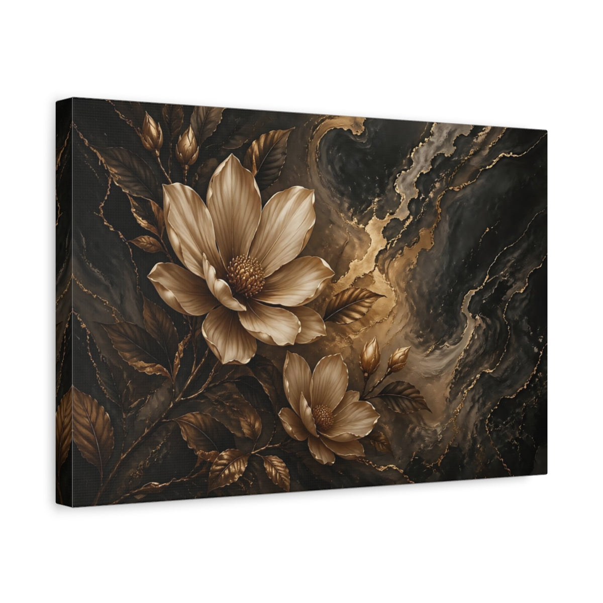 Side Mockup 4. Floral Magnolia Flowers Gold And Black Floral shown as stretched canvas wall art
